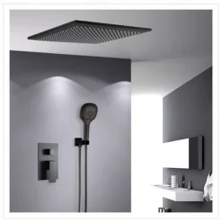 16 Inch Matte Black Shower Faucets Set, Rainfall Concealed Shower System Solid Brass with 3-Function Handheld, Handshower Ceiling Mounted Combo Set Shower Faucet with Valve Body and Trim