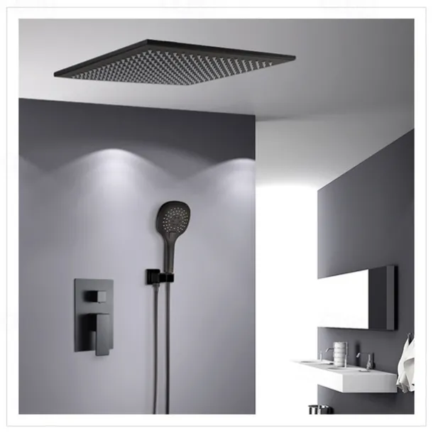 16 Inch Matte Black Shower Faucets Set, Rainfall Concealed Shower System Solid Brass with 3-Function Handheld, Handshower Ceiling Mounted Combo Set Shower Faucet with Valve Body and Trim