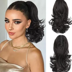 12 Inch Pony Tails Hair Extensions, Short Thick Ponytail Extension Clip in Claw Pony Tails Hair Extensions for Women Natural Curly Fake Ponytail Hair Piece for Daily Use
