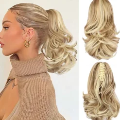 12 Inch Pony Tails Hair Extensions, Short Thick Ponytail Extension Clip in Claw Pony Tails Hair Extensions for Women Natural Curly Fake Ponytail Hair Piece for Daily Use
