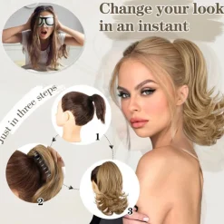 12 Inch Pony Tails Hair Extensions, Short Thick Ponytail Extension Clip in Claw Pony Tails Hair Extensions for Women Natural Curly Fake Ponytail Hair Piece for Daily Use