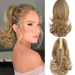 12 Inch Pony Tails Hair Extensions, Short Thick Ponytail Extension Clip in Claw Pony Tails Hair Extensions for Women Natural Curly Fake Ponytail Hair Piece for Daily Use