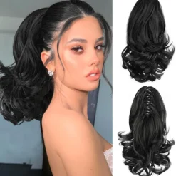 12 Inch Pony Tails Hair Extensions, Short Thick Ponytail Extension Clip in Claw Pony Tails Hair Extensions for Women Natural Curly Fake Ponytail Hair Piece for Daily Use