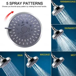 4/6 inch Rainfall Shower Head Set, 5 Mode Sprayer Showerhead with Water Filter, 360-degree Rotation High Pressure Overhead Shower Head Arm Chrome Black Silver