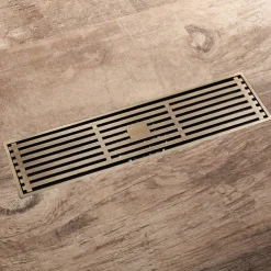 12 Inch Rectangular Linear Shower Drain Bath Floor with Brick Pattern Grate, Brushed Brass Bathroom Floor Drain, Shower Floor Drain Includes Hair Strainer