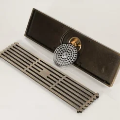 12 Inch Rectangular Linear Shower Drain Bath Floor with Brick Pattern Grate, Brushed Brass Bathroom Floor Drain, Shower Floor Drain Includes Hair Strainer