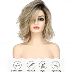 14 inch Short Curly Wavy Bob Wigs for Women Dirty Blonde Wavy Wigs with Side Bangs Synthetic Hair Wig
