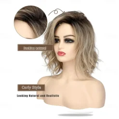 14 inch Short Curly Wavy Bob Wigs for Women Dirty Blonde Wavy Wigs with Side Bangs Synthetic Hair Wig