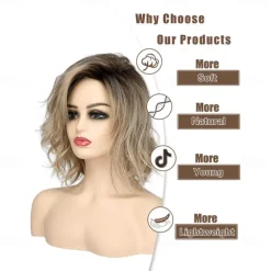 14 inch Short Curly Wavy Bob Wigs for Women Dirty Blonde Wavy Wigs with Side Bangs Synthetic Hair Wig