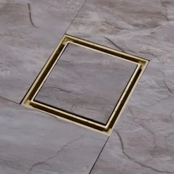 4 inch Shower Floor Drain Square, Removable Brass Flange Reversible 2-in-1 Cover Tile Insert Grate, Hair Catcher Strainer Black Chrome Golden