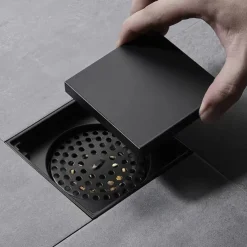 4 inch Shower Floor Drain Square, Removable Brass Flange Reversible 2-in-1 Cover Tile Insert Grate, Hair Catcher Strainer Black Chrome Golden
