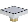 4 inch Square Shower Floor Drain, Removable Brass Flange Reversible Double Cover Tile Insert Grate, Hair Catcher Strainer Black Chrome Golden