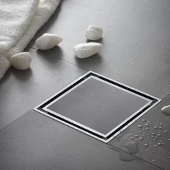 4 inch Square Shower Floor Drain, Removable Brass Flange Reversible Double Cover Tile Insert Grate, Hair Catcher Strainer Black Chrome Golden