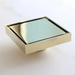 4 inch Square Shower Floor Drain, Removable Brass Flange Reversible Double Cover Tile Insert Grate, Hair Catcher Strainer Black Chrome Golden