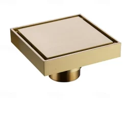 4 inch Square Shower Floor Drain, Removable Brass Flange Reversible Double Cover Tile Insert Grate, Hair Catcher Strainer Black Chrome Golden