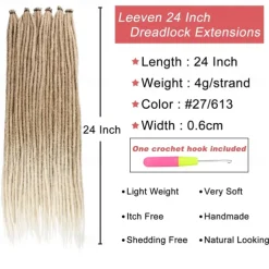 24 Inch Synthetic Dreadlock Extensions 20 Strands Hippie Single Ended Dreads Ombre Blonde 0.6 cm Width Loc Extensions Reggae Style Crochet Hair for Women