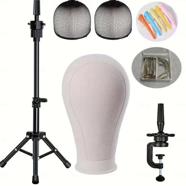 22 Inch Wig HeadWig Stand Tripod with HeadCanvas Wig HeadMannequin Head for WigsManikin Canvas Head Block Set for Wigs Making Display with Wig caps T/C Pins Set