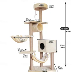 61 Inches Cat Tree/Cat Tree House and Towers for Large Cat/Cat Climbing Tree with Cat Condo/Cat Tree Scratching Post/Perches/Hammock, Multi-Level Large Cat Tree