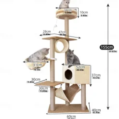 61 Inches Cat Tree/Cat Tree House and Towers for Large Cat/Cat Climbing Tree with Cat Condo/Cat Tree Scratching Post/Perches/Hammock, Multi-Level Large Cat Tree