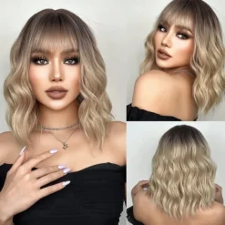 14 Inches Green Ombre Wig with Bangs Women Girls Short Curly Wavy Bob Wig Shoulder Synthetic Carnival Party Wigs St.Patrick's Day Wigs