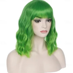 14 Inches Green Ombre Wig with Bangs Women Girls Short Curly Wavy Bob Wig Shoulder Synthetic Carnival Party Wigs St.Patrick's Day Wigs
