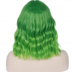 14 Inches Green Ombre Wig with Bangs Women Girls Short Curly Wavy Bob Wig Shoulder Synthetic Carnival Party Wigs St.Patrick's Day Wigs