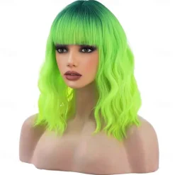 14 Inches Green Ombre Wig with Bangs Women Girls Short Curly Wavy Bob Wig Shoulder Synthetic Carnival Party Wigs St.Patrick's Day Wigs