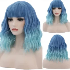 14 Inches Green Ombre Wig with Bangs Women Girls Short Curly Wavy Bob Wig Shoulder Synthetic Carnival Party Wigs St.Patrick's Day Wigs