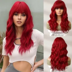 24 Inches Long Red Wig With Bangs For Women, Curly Wavy Wigs Heat Resistant Synthetic Fiber Hair Replacement Wigs For Cosplay Halloween Party Daily Wear Christmas Party Wigs