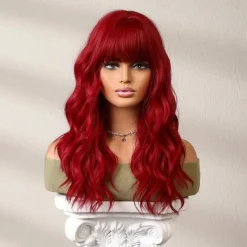 24 Inches Long Red Wig With Bangs For Women, Curly Wavy Wigs Heat Resistant Synthetic Fiber Hair Replacement Wigs For Cosplay Halloween Party Daily Wear Christmas Party Wigs