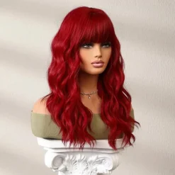 24 Inches Long Red Wig With Bangs For Women, Curly Wavy Wigs Heat Resistant Synthetic Fiber Hair Replacement Wigs For Cosplay Halloween Party Daily Wear Christmas Party Wigs