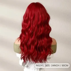 24 Inches Long Red Wig With Bangs For Women, Curly Wavy Wigs Heat Resistant Synthetic Fiber Hair Replacement Wigs For Cosplay Halloween Party Daily Wear Christmas Party Wigs