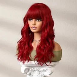 24 Inches Long Red Wig With Bangs For Women, Curly Wavy Wigs Heat Resistant Synthetic Fiber Hair Replacement Wigs For Cosplay Halloween Party Daily Wear Christmas Party Wigs