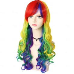 14 Inches Rainbow Wig Short Curly Wig with Bangs Synthetic Wigs Women Girls Colorful Wigs Pride Outfits Halloween Wigs