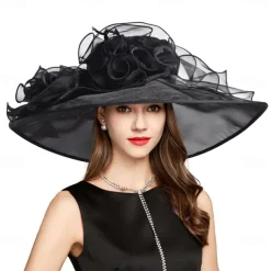 2025 Kentucky Derby Hat for Women Ladies, Organza Veil Feather Fascinator for Tea Party Church UV Protection Sun Hat