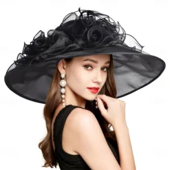 2025 Kentucky Derby Hat for Women Ladies, Organza Veil Feather Fascinator for Tea Party Church UV Protection Sun Hat