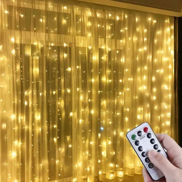 300 LEDs Curtain String Lights with Remote Control 3x3M Christmas Décor Lights for Christmas New Year's Curtain Window Roof String Lights