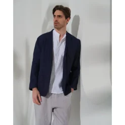 100% Linen Men's Linen Blazer Blazer Business Formal Evening Wedding Party Fashion Casual Spring & Fall Plain Pocket Casual / Daily Single Breasted Blazer Black Dark Blue