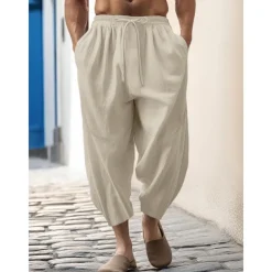 100% Linen Men's Linen Pants Trousers Summer Pants Tapered Carrot Pants Pocket Drawstring Elastic Waist Plain Breathable Comfortable Daily Vacation Going out Classic Casual Black White
