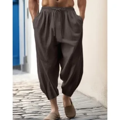 100% Linen Men's Linen Pants Trousers Summer Pants Tapered Carrot Pants Pocket Drawstring Elastic Waist Plain Breathable Comfortable Daily Vacation Going out Classic Casual Black White