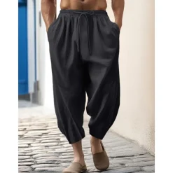 100% Linen Men's Linen Pants Trousers Summer Pants Tapered Carrot Pants Pocket Drawstring Elastic Waist Plain Breathable Comfortable Daily Vacation Going out Classic Casual Black White
