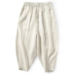 100% Linen Men's Linen Pants Trousers Summer Pants Tapered Carrot Pants Pocket Drawstring Elastic Waist Plain Breathable Comfortable Daily Vacation Going out Classic Casual Black White