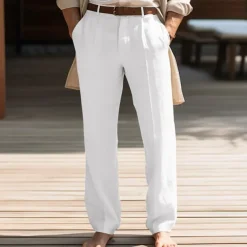40% Linen Men's Linen Pants Trousers Summer Pants Pocket Straight Leg Plain Breathable Comfortable Office / Career Daily Vacation Classic Casual Black White