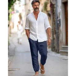 100% Linen Men's Linen Pants Trousers Summer Pants Drawstring Elastic Waist Elastic Cuff Plain Breathable Comfortable Daily Vacation Going out Classic Casual Black Navy Blue