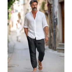 100% Linen Men's Linen Pants Trousers Summer Pants Drawstring Elastic Waist Elastic Cuff Plain Breathable Comfortable Daily Vacation Going out Classic Casual Black Navy Blue