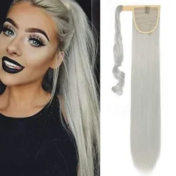 26" long straight wrap around ponytail extensions synthetic clip in ponytail hair extensions hairpiece - silver gray