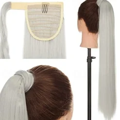 26" long straight wrap around ponytail extensions synthetic clip in ponytail hair extensions hairpiece - silver gray