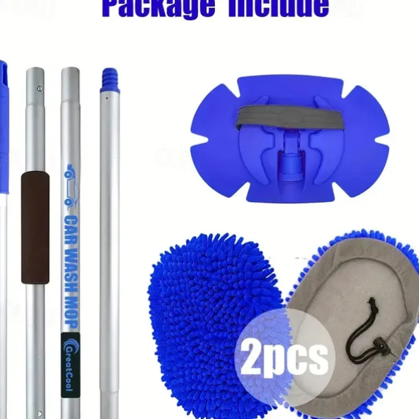 62" Microfiber Car Wash Kit - Includes Brush Mop, Mitt Sponge & Long Aluminum Alloy Handle for Complete Car Cleaning!