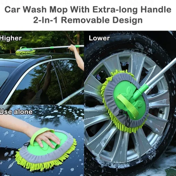 62" Microfiber Car Wash Kit - Includes Brush Mop, Mitt Sponge & Long Aluminum Alloy Handle for Complete Car Cleaning!