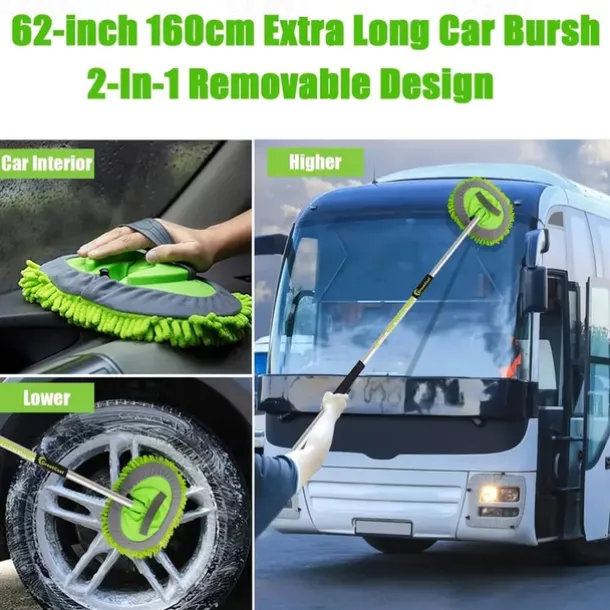 62" Microfiber Car Wash Kit - Includes Brush Mop, Mitt Sponge & Long Aluminum Alloy Handle for Complete Car Cleaning!